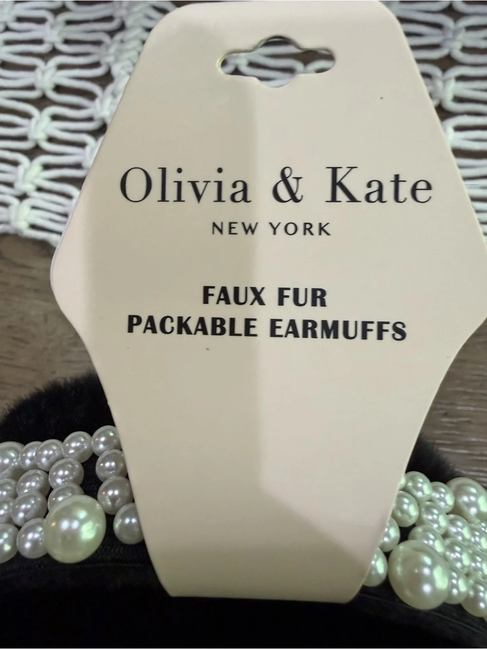 kate spade Olivia & Kate Black Faux-Fur Pearl-Trim Headband Packable Ear Muffs